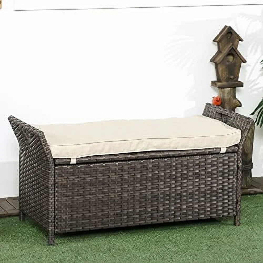 HOOMHIBIU 27 Gallon Patio Wicker  Bench  Outdoor PE Rattan Patio   2-in-1 Large Capacity Rectangle Garden  Box with Handles and Cushion  Dark Blue