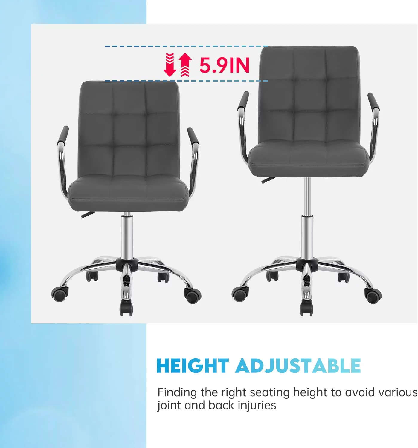 FDW Home Desk Chair PU Leather Makeup Chair with Armrest/Wheel 360°Swivel Height Adjustable,Grey