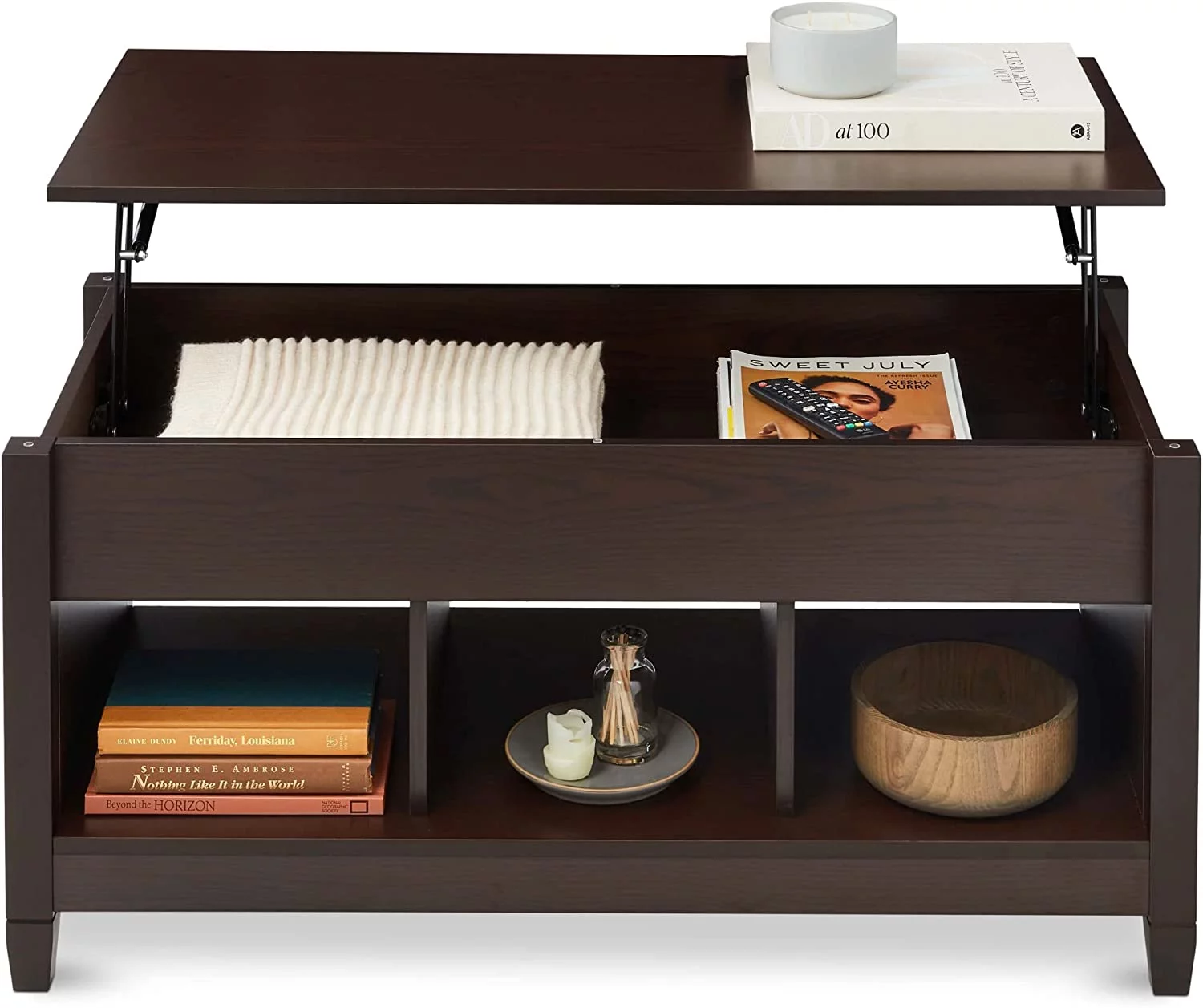 Lift Top Coffee Table Hidden Storage Coffee Table, Wooden Dining Coffee Table, Accent Table Furniture for Living Room, Display Shelves - Espresso