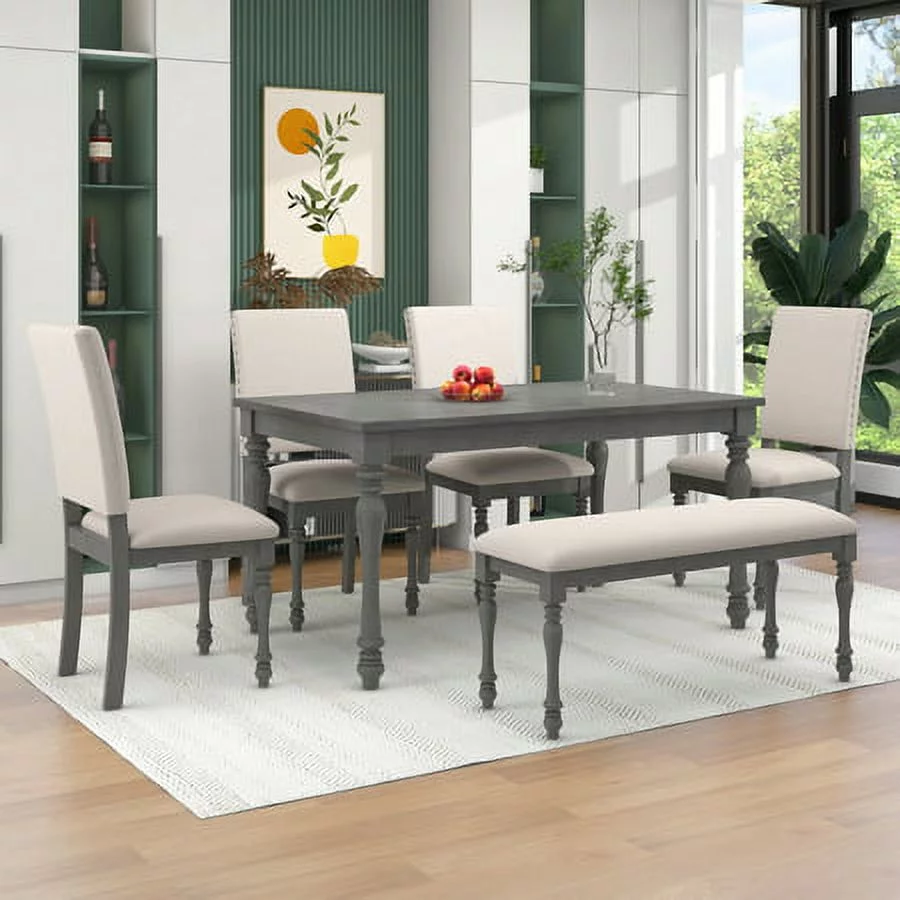 Churanty 6 Pieces Dining Table Set for 6 Wood Rectangular Kitchen Table with Turned Legs and 4 Upholstered Chairs and Bench , Grey