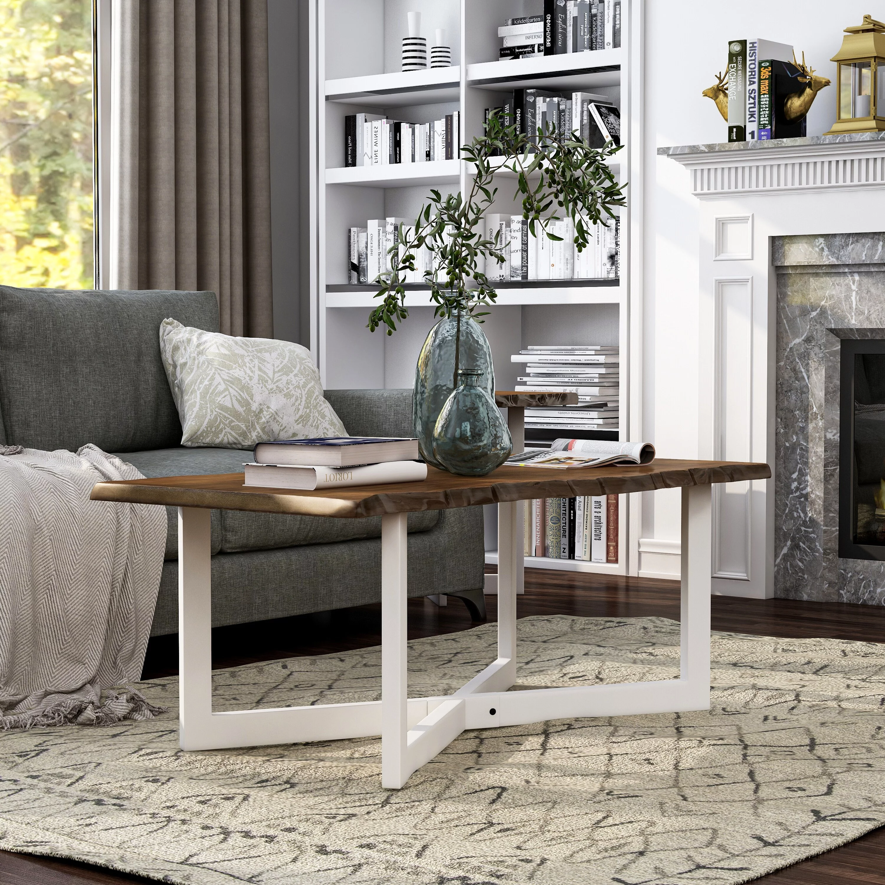 Furniture of America Wallgren Transitional Oak and White 47-inch Metal Coffee Table by