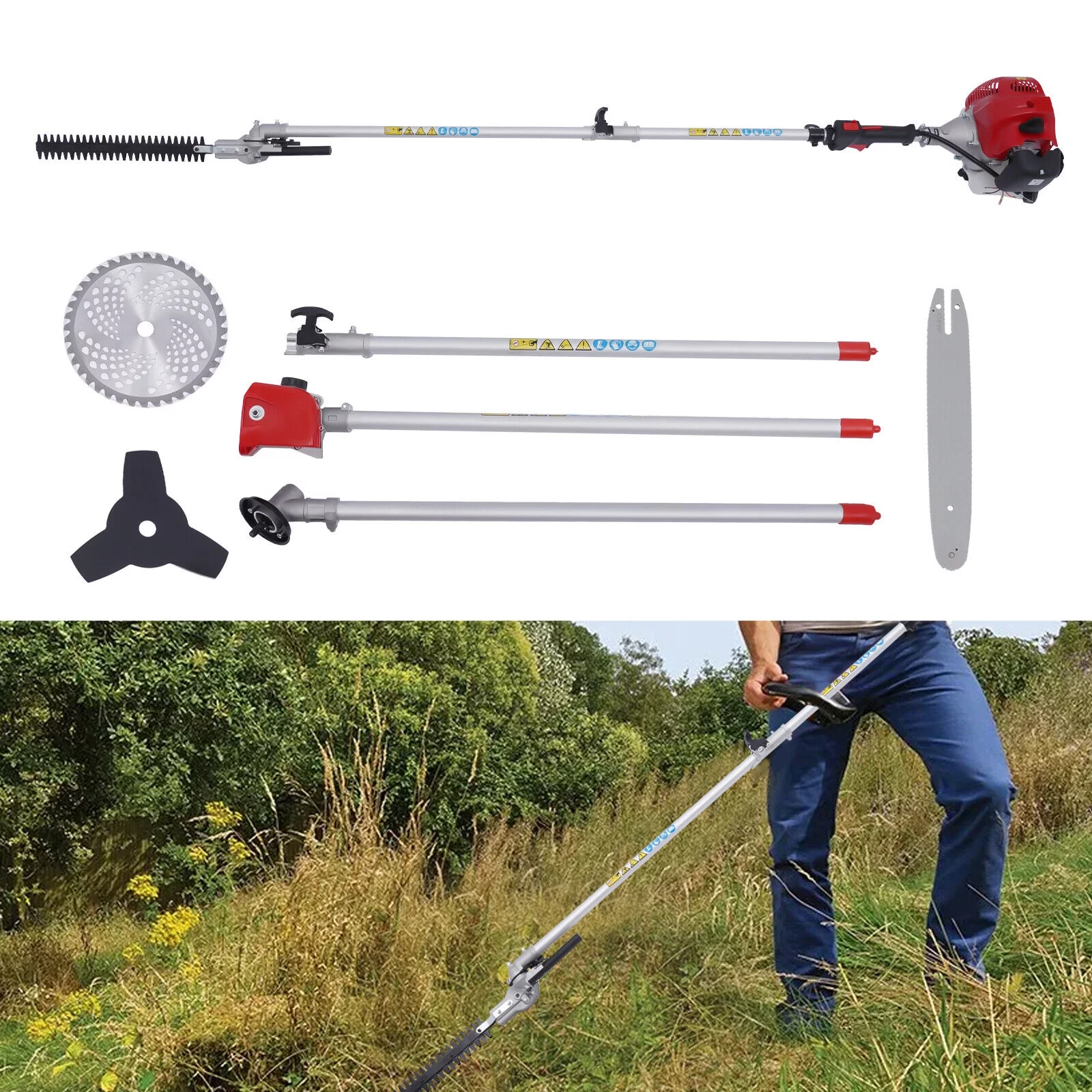 ZhdnBhnos 2-Stroke 51.7CC Gas Powered Pole Saw Brush Cutter Gas Tree Weed Hedge Trimmer 4in1 Multifunction Garden Grass Strimmer Pruner Chainsaw