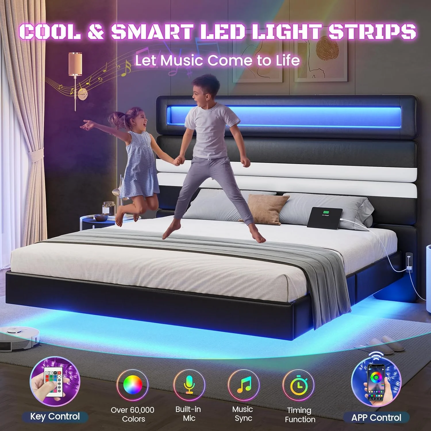 Floating Bed Frame Queen Size with Charging Station&LED Lights, Faux Leather Upholstered Platform Bed Frame with Tall Storage Headboard, Black