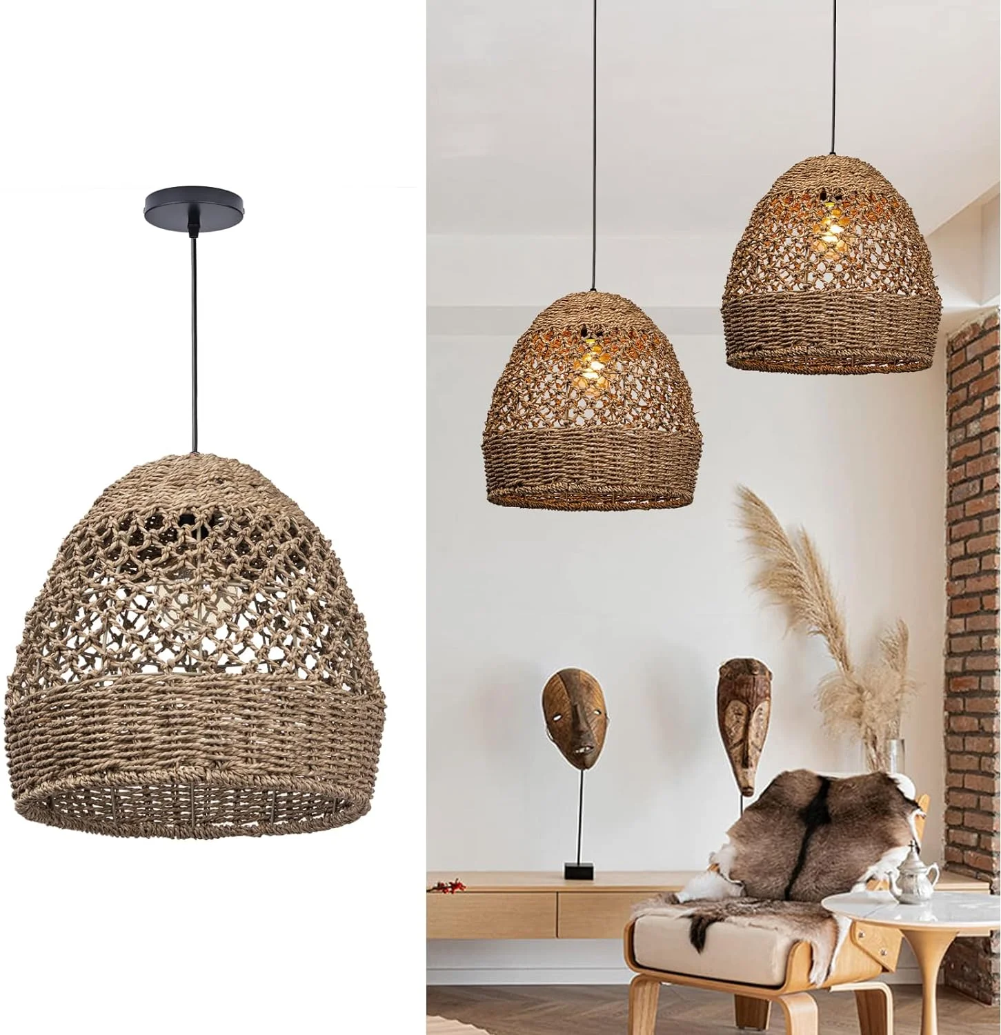 Woven Pendant Lights, Modern Boho Hanging Lamp with Handwoven Woven Rattan Shade, Farmhouse Coastal Pendant Light Fixtures for Kitchen Island, Dining Room, Bar, Foyer Hallway