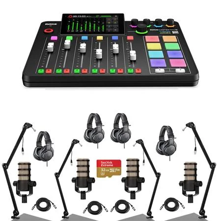 RODECaster Pro II Integrated Audio Production Studio Console Bundle with 4x PodMic Microphone, 4x TAPH500 Headphones, 4x Broadcast Arm, 4x M to F XLR Cable, 32BG microSD Card