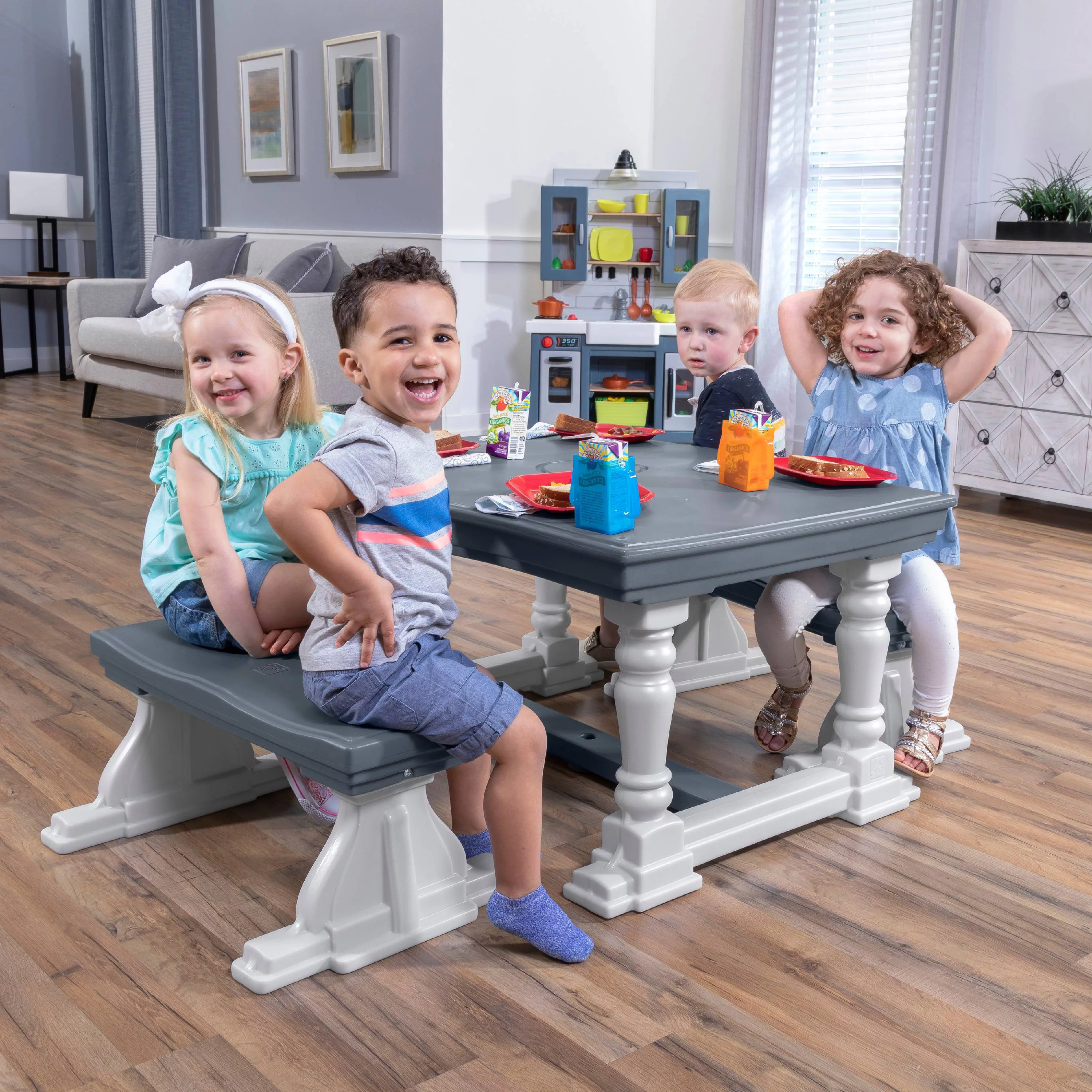 Step2 3-Piece Gray Farmhouse Table And Bench Set Seats Four Children