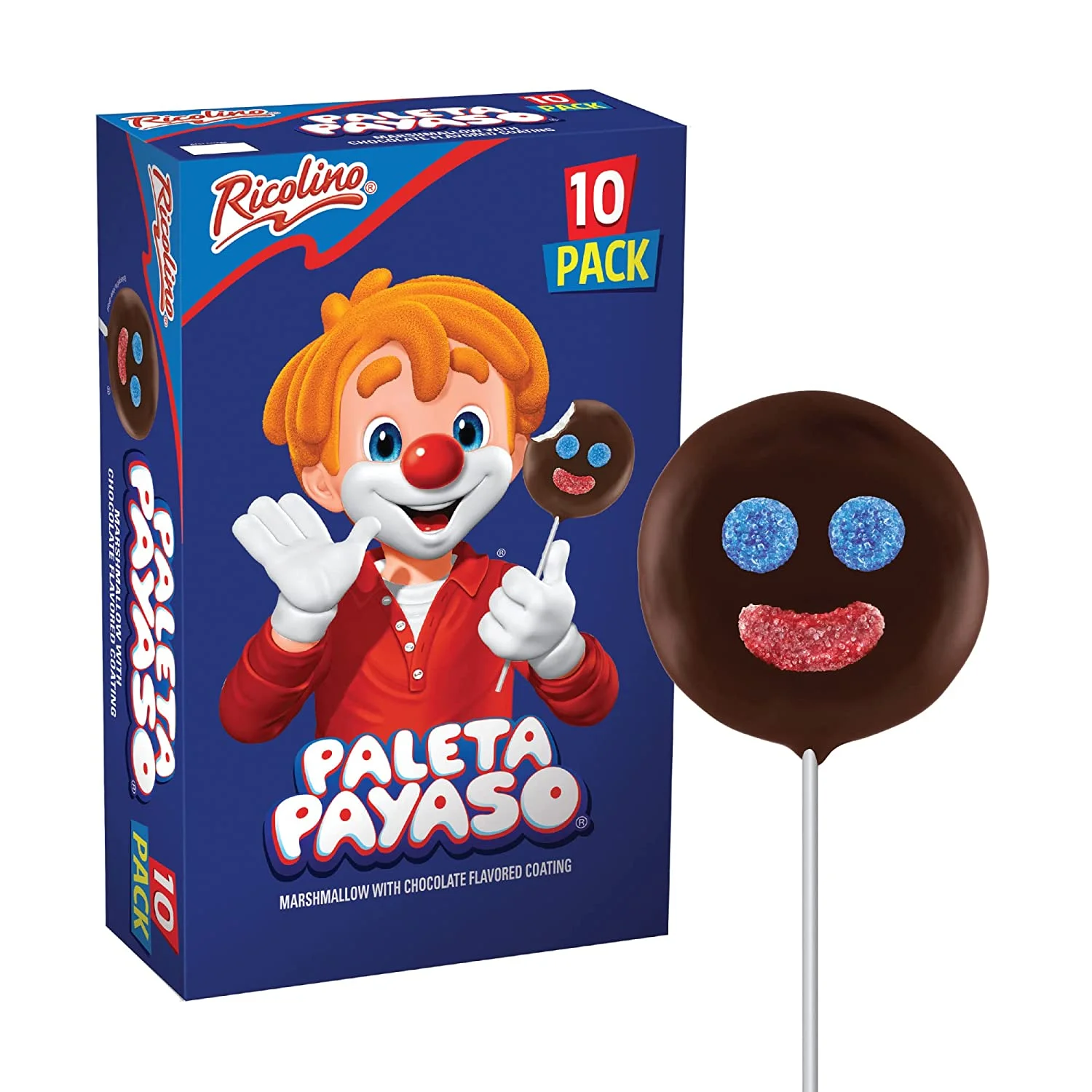 Paleta Payaso Marshmallow Lollipops with Chocolate Flavored Coating, Net Wt. 15.8 Ounces, 10 Count Box