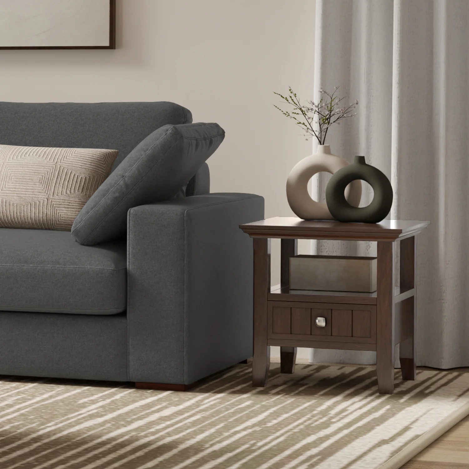 Simpli Home Acadian SOLID WOOD 19 inch Wide Square Transitional End Table with Drawer in Brunette Brown