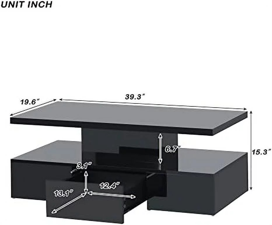 xrboomlife 39.3'' 2-Tier LED Light Black Coffee Table with Drawer  Modern Glossy Cocktail Table Center Table with Plug-in 16-Color LED Lighting and  Remote Control for Livingroom