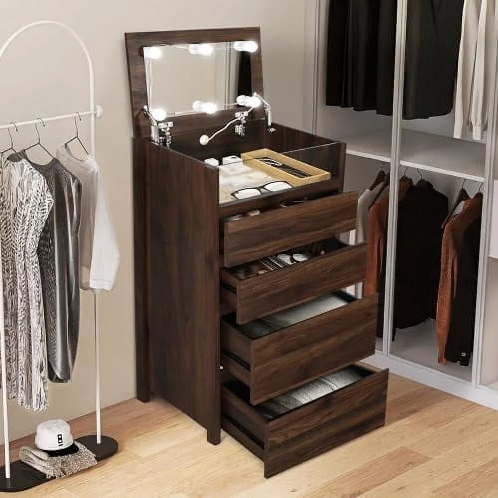 TQJKLFDY Dresser for Bedroom  4 Drawer Dresser with Mirror and Lights  Modern Tall Chest of Drawers with  Organizer for Small Space  Bedroom  Entryway  Living Room (White)