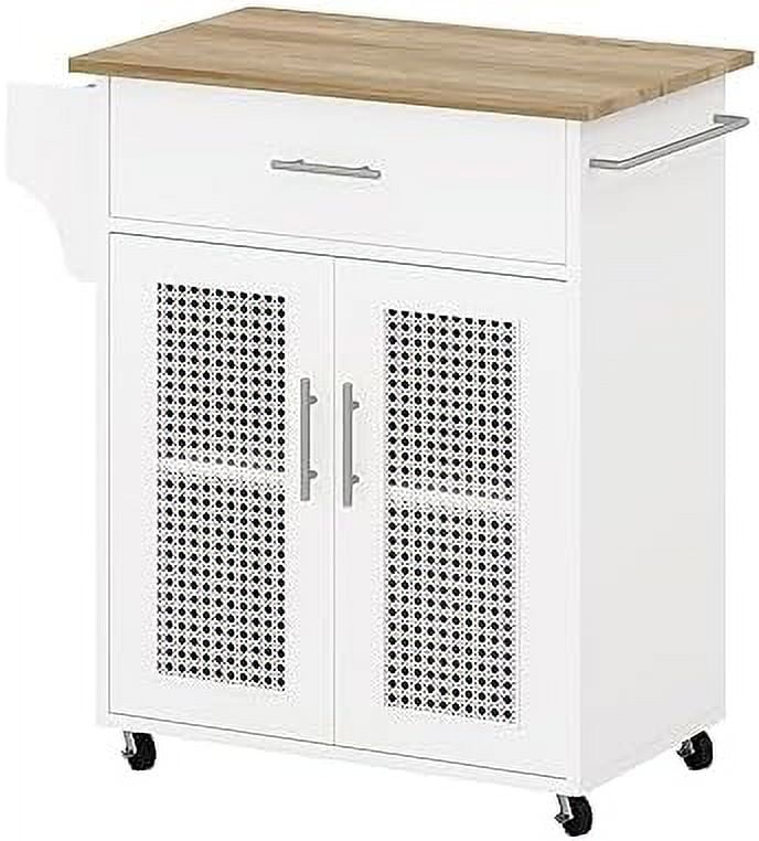 SQRTCV Kitchen Island with   Rolling Kitchen Island on Wheels with Solid Wood Countertop  White Kitchen Island Cart with Rattan  Cabinet  Spice Rack  Towel Rack and Drawers