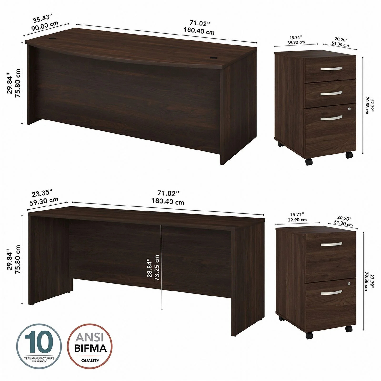 Bowery Hill 72W Desk Set with File Cabinets in Black Walnut - Engineered Wood