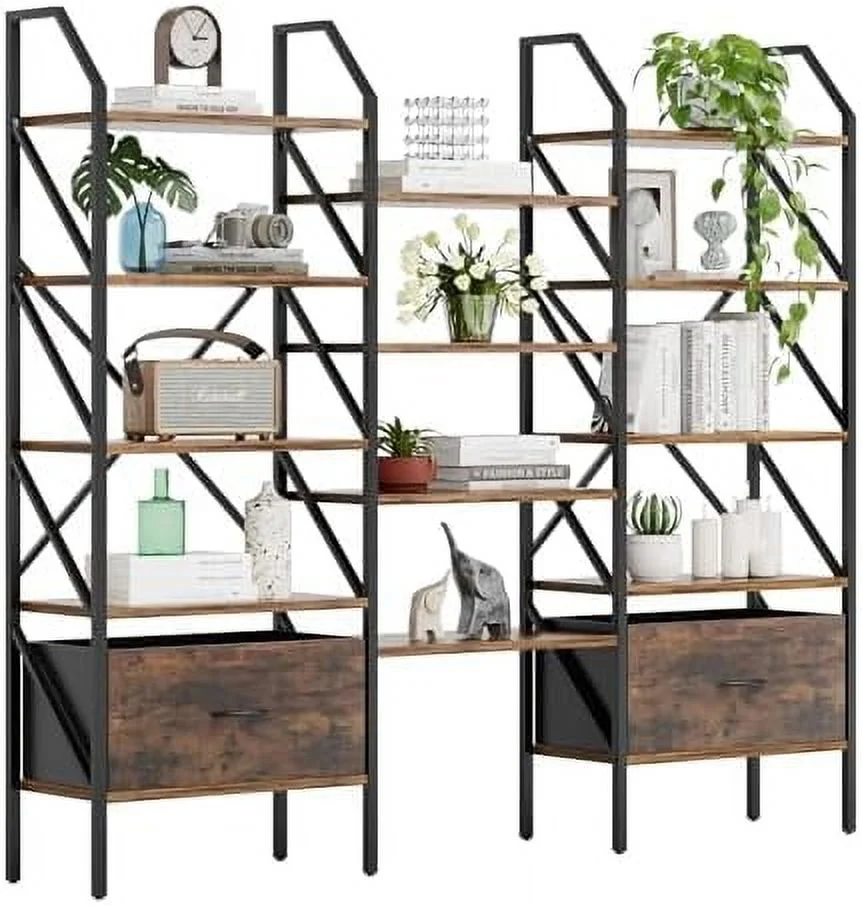JDZHAPPYLIFE Triple 6 Tier Bookshelf with Drawers  Wide Bookcase with 17 Open Display  Shelves  Large Book  Book Case for Home & Office (Rustic Brown  6 Tier)
