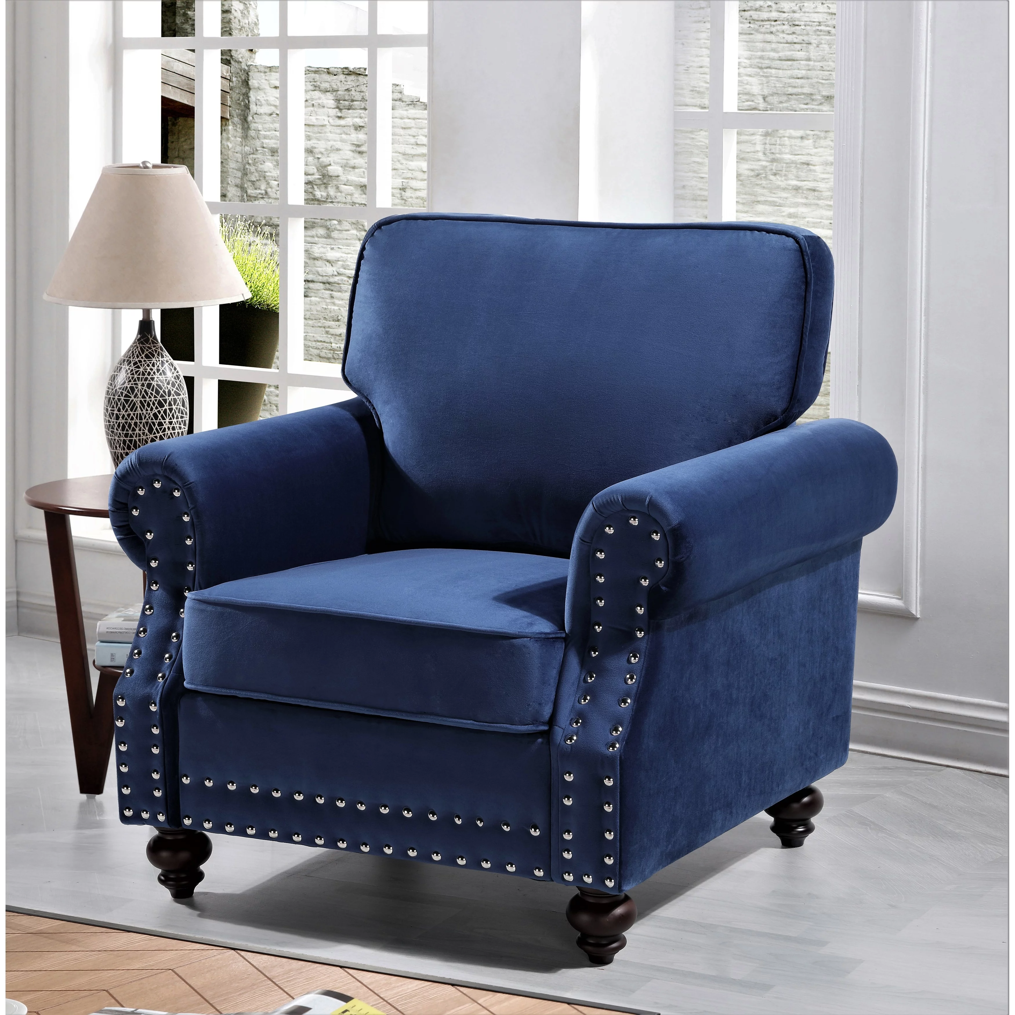 US Pride Furniture Ramos Nailhead Velvet Chair Dark Blue