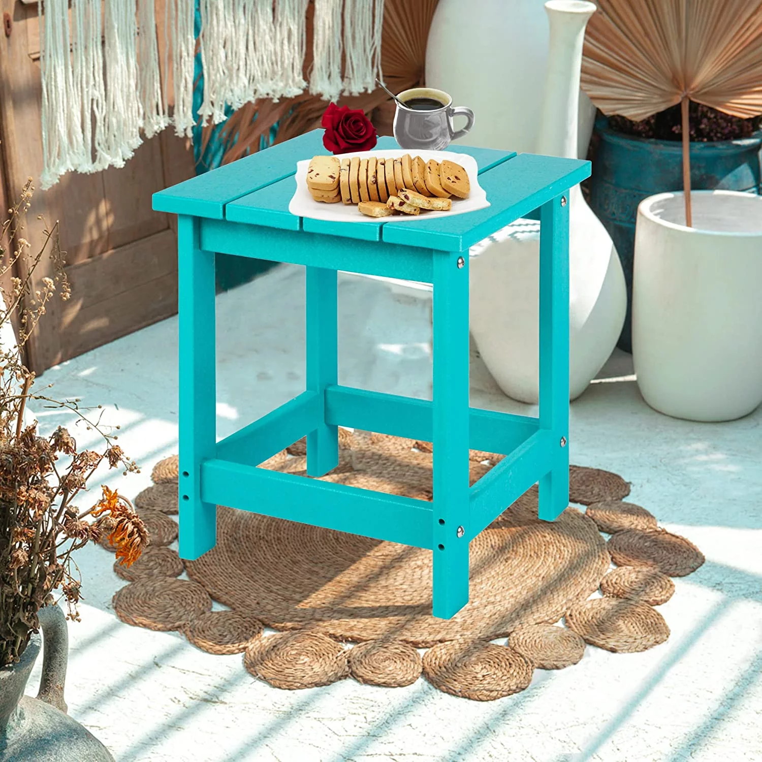 Adirondack Square Outdoor Side Table, HDPE Composite Patio Table, Weather Resistant, Turquoise