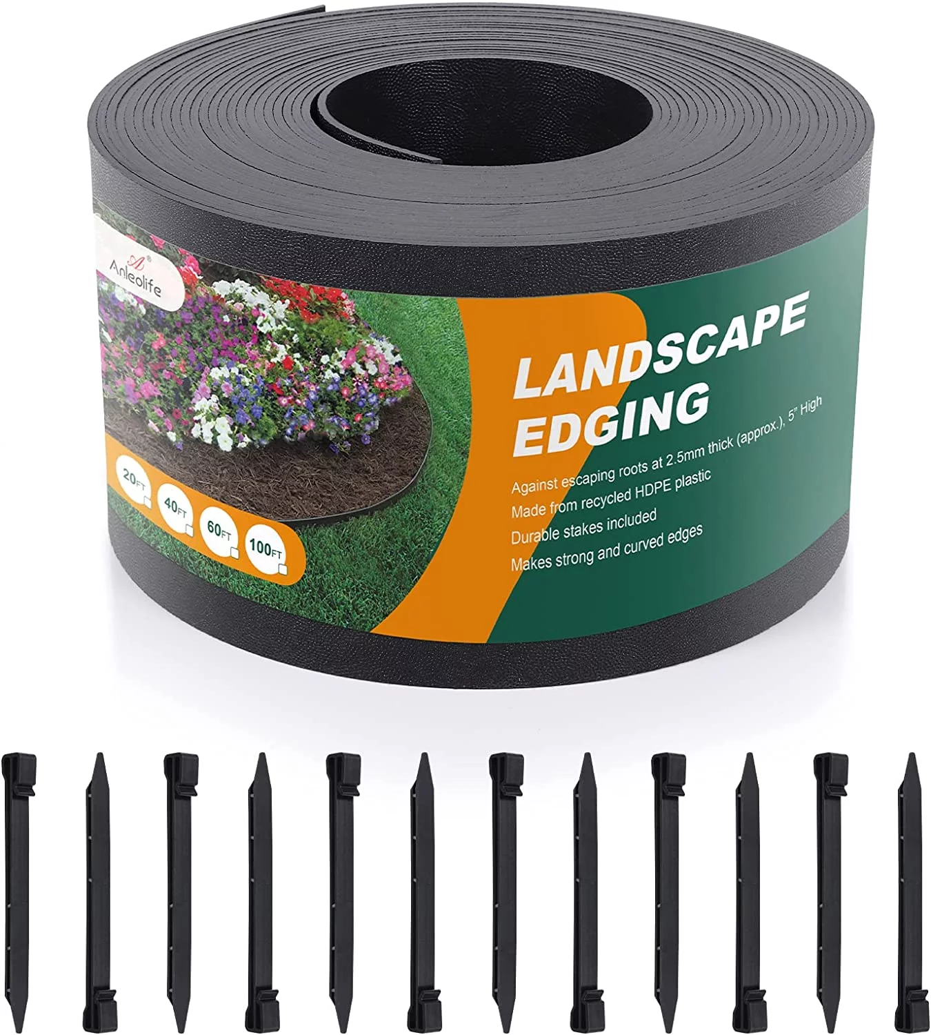 Black Plastic Garden Landscape Edging, 5” Tall Border Coil with 6 Durable Stakes, Flexible and Strengthened with Anti-UV Treatment (20ft with 6pcs Stakes)