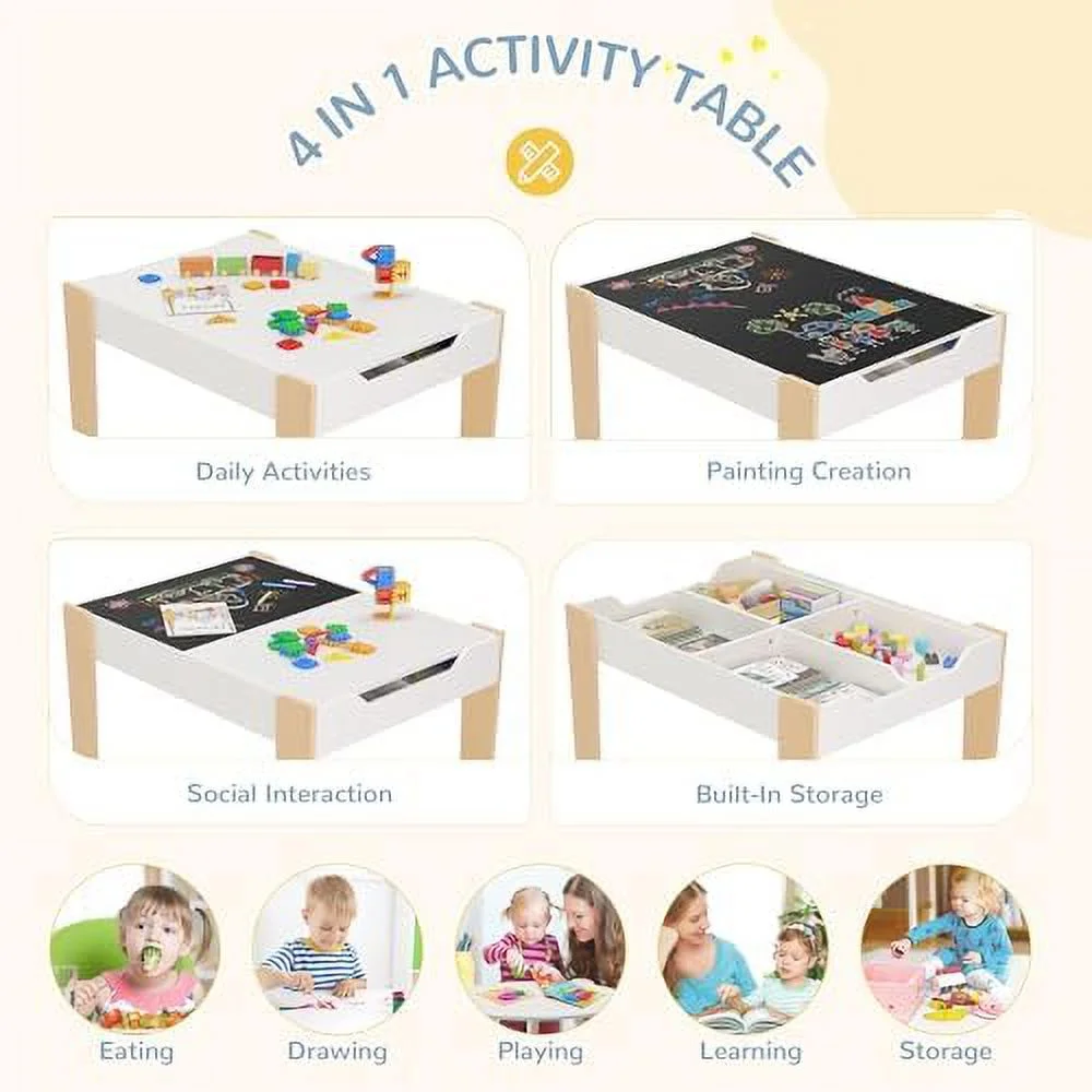 ZWNLKQG 4 in 1  Table and Chair Set  Table and Chairs for Toddlers 2-5 with 2 Reversible Blackboard  Children's Table with  for Activity/Play/Art/Read/Craft  White and Natural Color