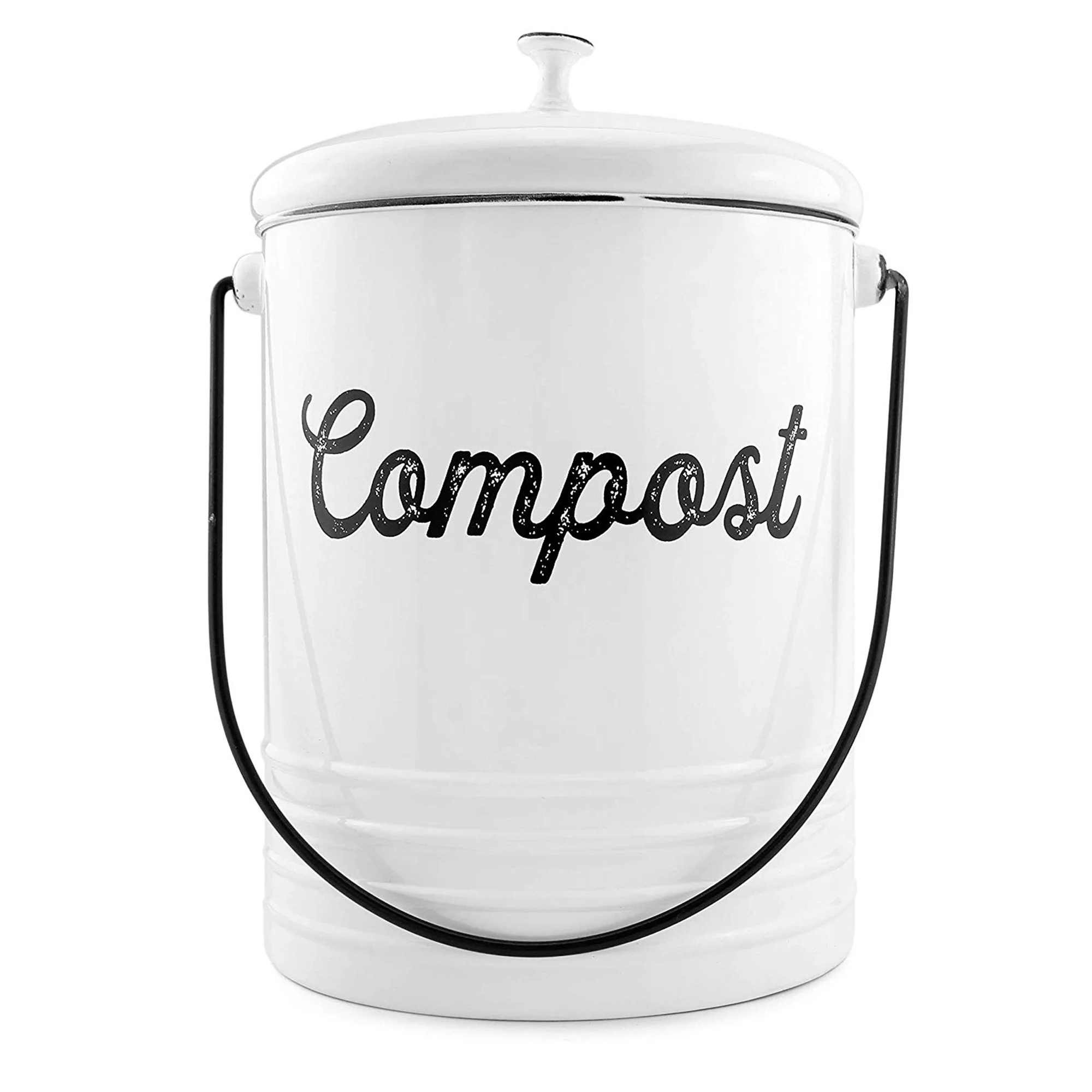 AuldHome White Enamelware Compost Bucket, Farmhouse Compost Can Set with Lid and Charcoal Filters, 1.3 Gallon