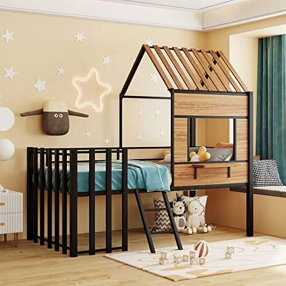 Kids House Bed Size Low Loft Bed With Roof, Metal Loft Bed Frame With Window, Guardrail, Ladder (Black)