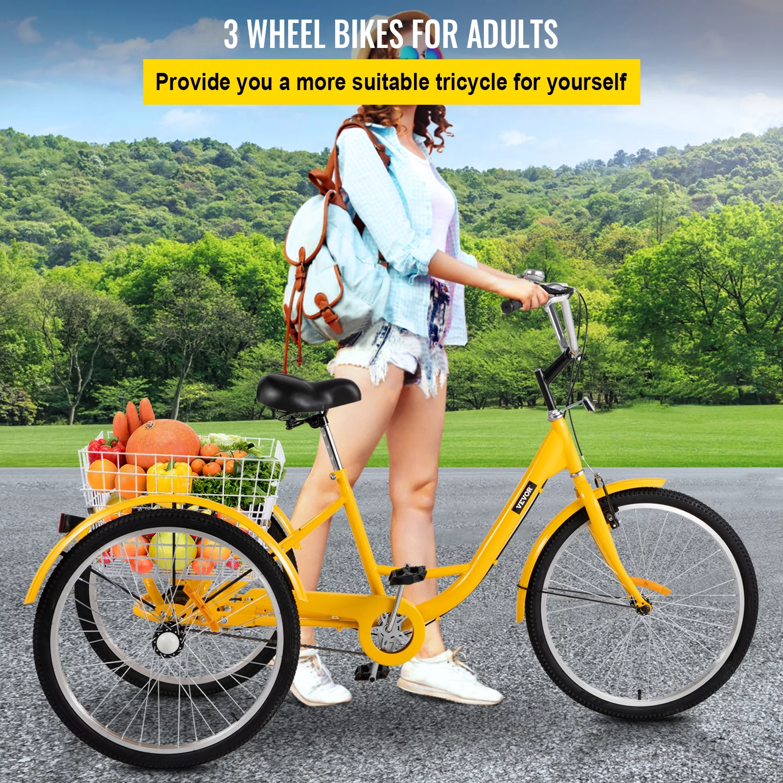 BENTISM Adult Tricycle 1 Speed Size Cruise Bike 20 inch Adjustable Trike with Bell Brake System Cruiser Bicycles Large Size Basket for Recreation Shopping Exercise (Yellow 20 1Speed)