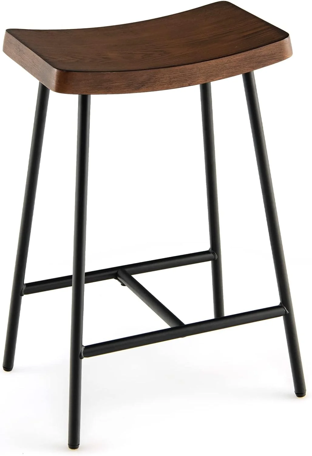 24-Inch Height Industrial Saddle Stool with Footrest, Metal Legs, Adjustable Foot Pads, Backless Counter Height Chair for Living Room Kitchen Bar, Rustic Brown and Black