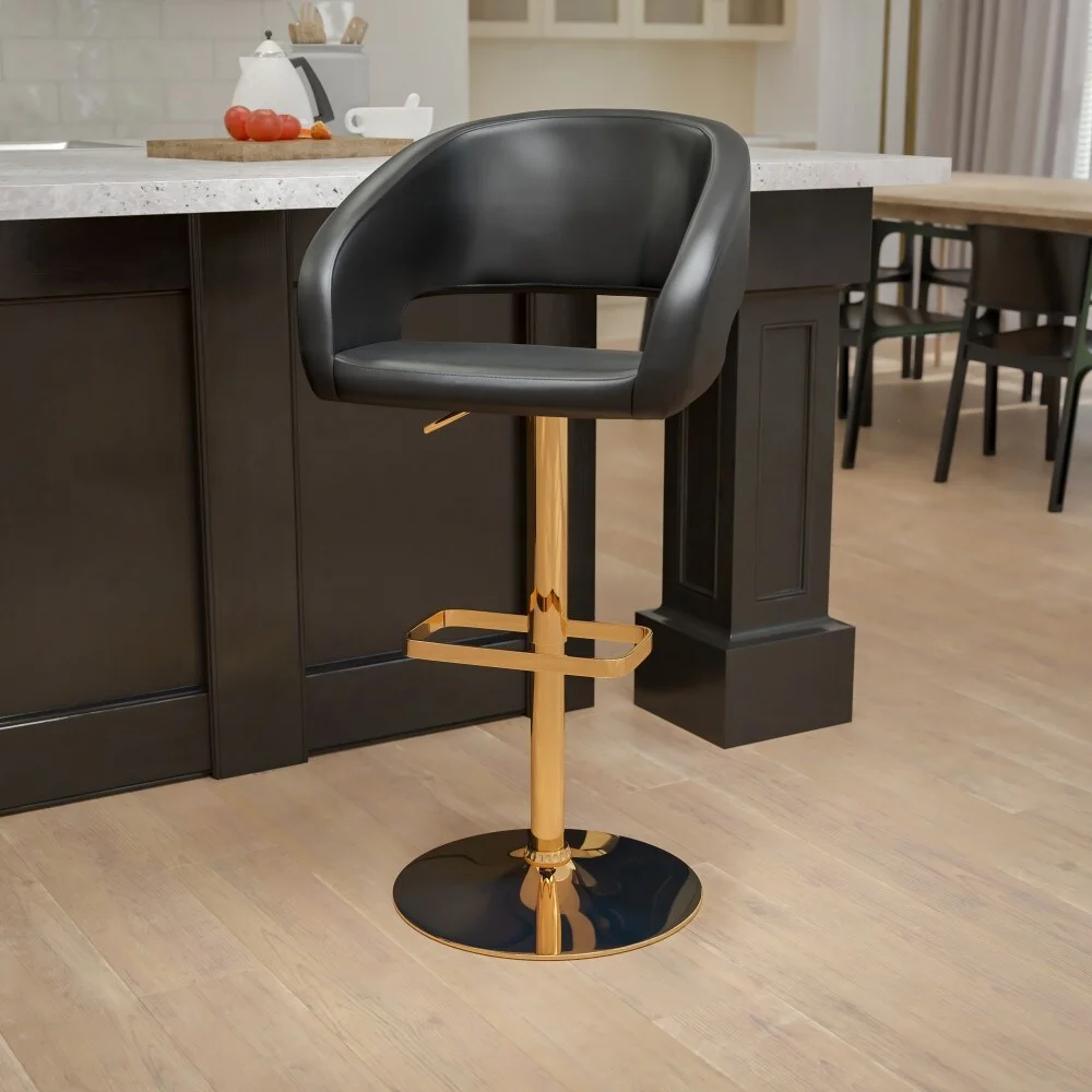 Flash Furniture Vinyl Adjustable Height Barstool with Rounded Mid-Back Black Powder Coated Vinyl