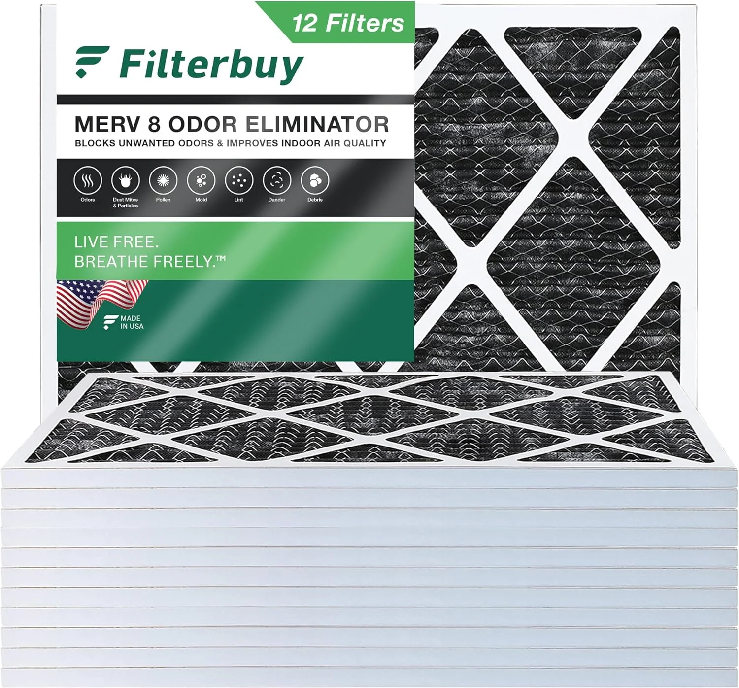 Filterbuy 20x25x1 MERV 8 Odor Eliminator Pleated HVAC AC Furnace Air Filters with Activated Carbon (12-Pack)
