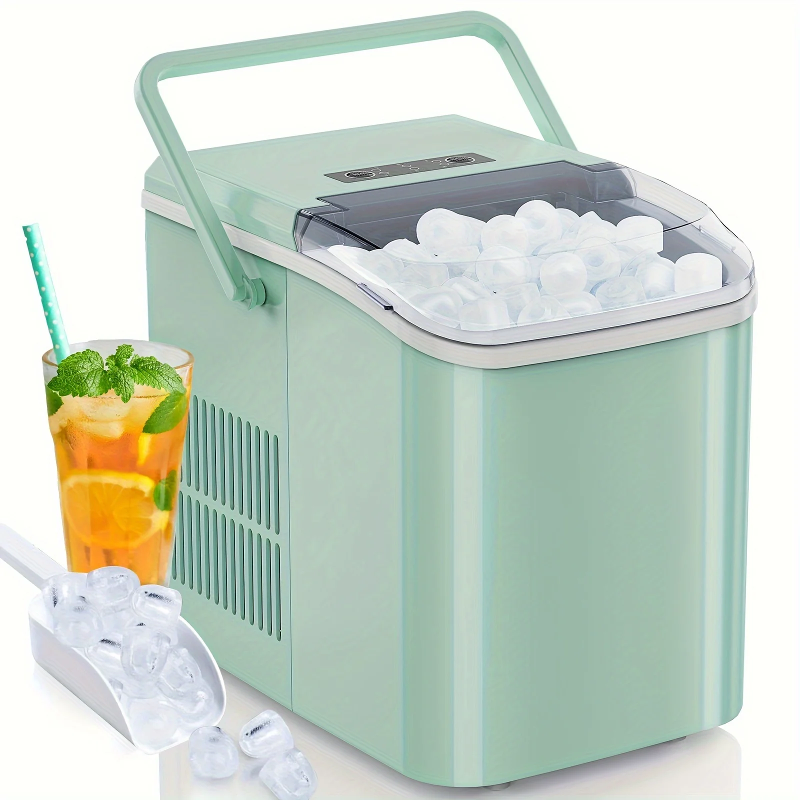 Portable Countertop Ice Maker Self-Cleaning, 9 Cubes in 6 Mins, 26.5lbs/24Hrs, 2 Sizes of Bullet Ice, with Ice Scoop, Basket and Handle, Black or Green