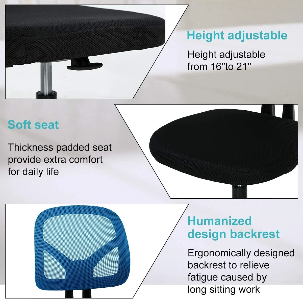 Mesh Office Chair No Arms Swivel Desk Chairs Adjustable Height Computer Chair Swivel Task Chair with Curved Square Back, Seat Width 18.3 inch, Blue