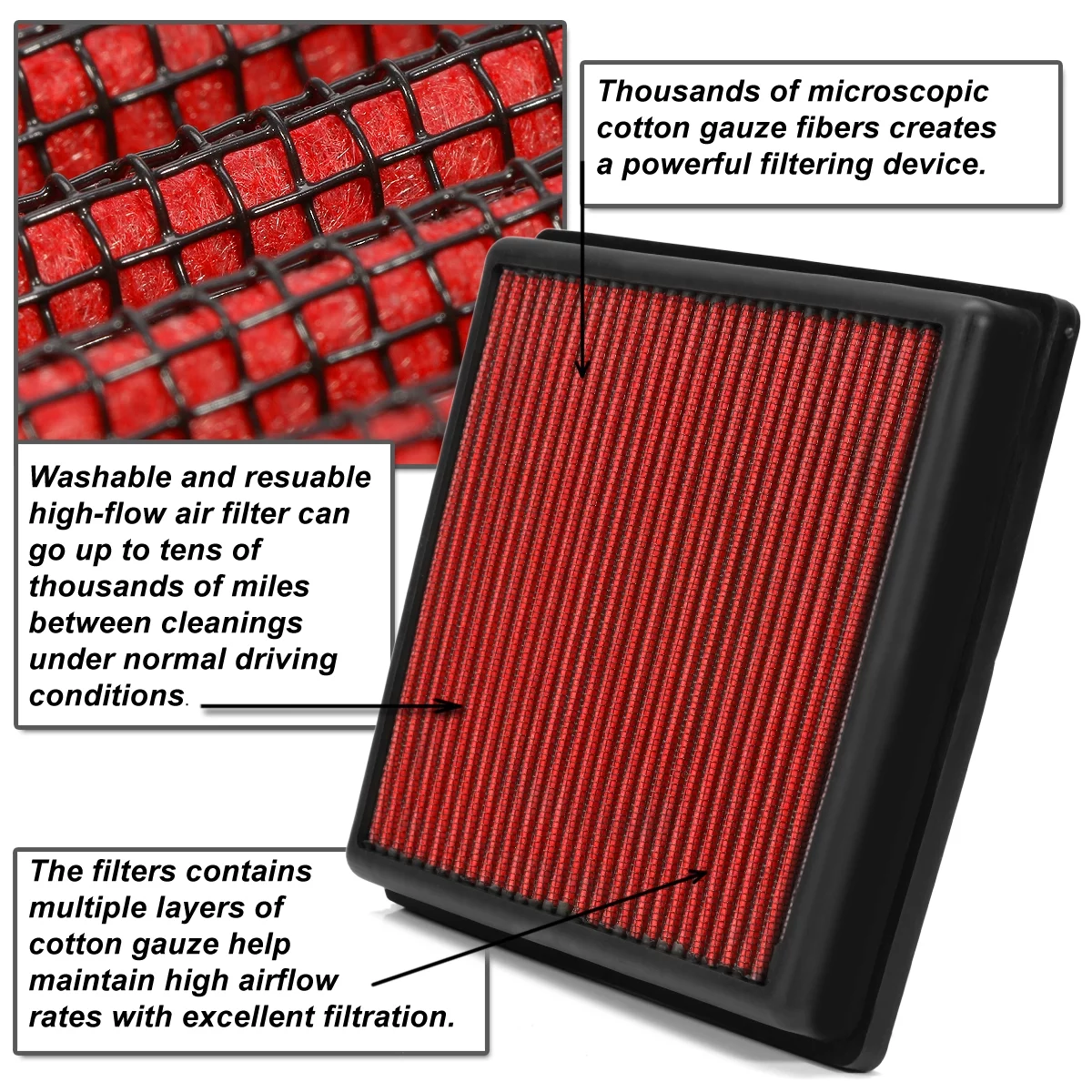 DNA Motoring AFPN-178-RD For 2013 to 2018 Jetta / A3 1.4L Washable Drop-in Air Filter Panel Red 14 15 16 17