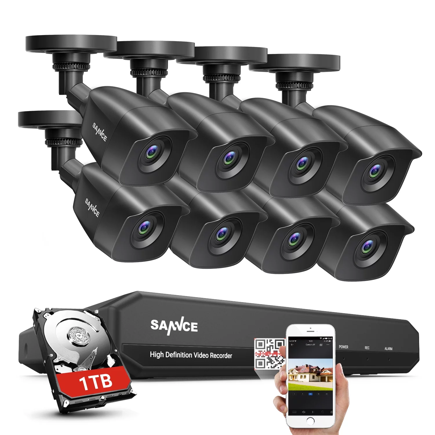 SANNCE 1080p 8CH Security Camera System 5-in-1 CCTV DVR Recorder with 8pcs Waterproof Wired Surveillance Cameras,1TB Hard Drive