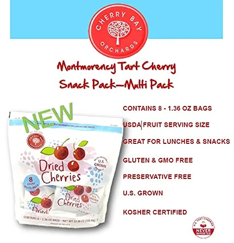 Cherry Bay Orchards - Dried Montmorency Tart Cherries - 8 Snack Packs, 1.36 oz Each (10.9 oz Total) - 100% Domestic, Natural, Kosher Certified, Gluten-Free, and GMO Free - Packed in a Resealable Pouch