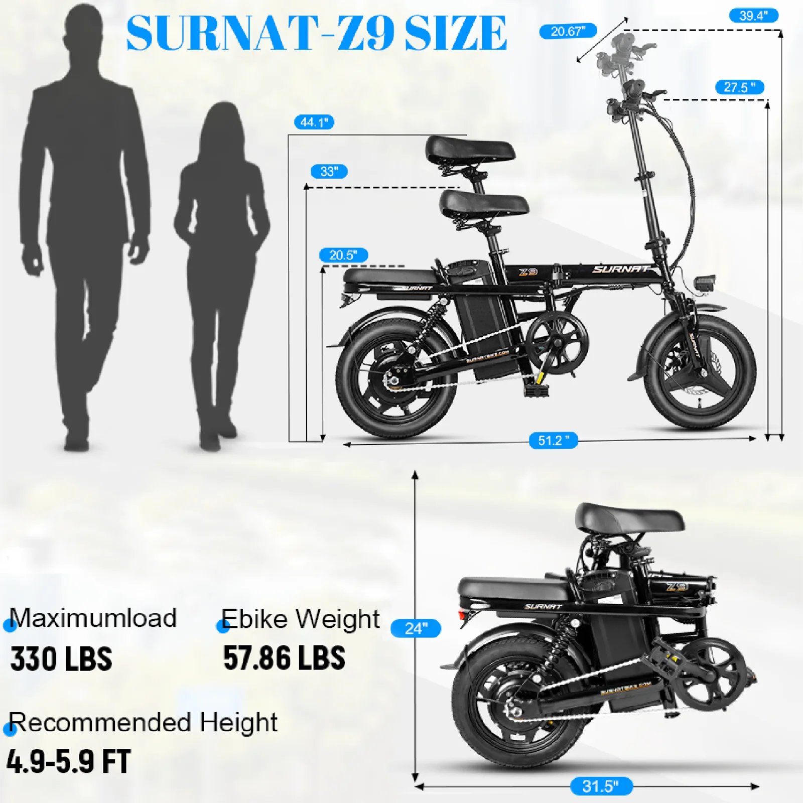SURNAT Z9 Folding Adult Electric Bike Full Suspension 400W(Peak 600W) 48V 10.4Ah/13Ah Removable Battery 23MPH 14