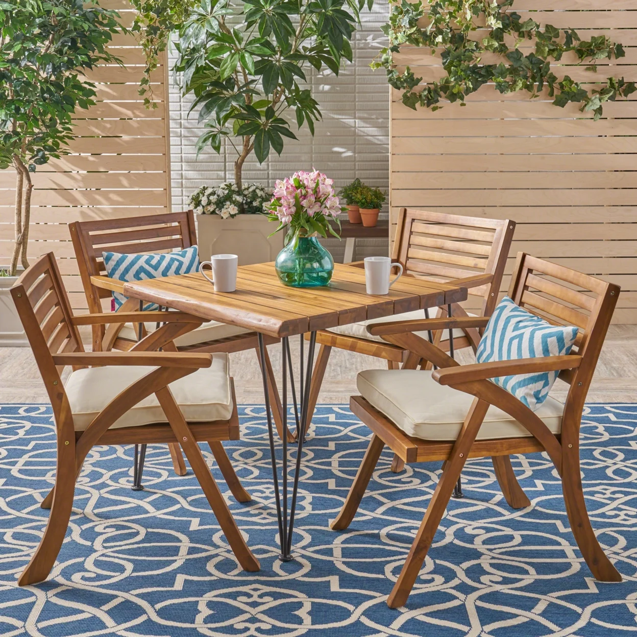 GDF Studio Tongass Outdoor Acacia Wood 5 Piece Dining Set with Cushion, Teak, Cream, and Black