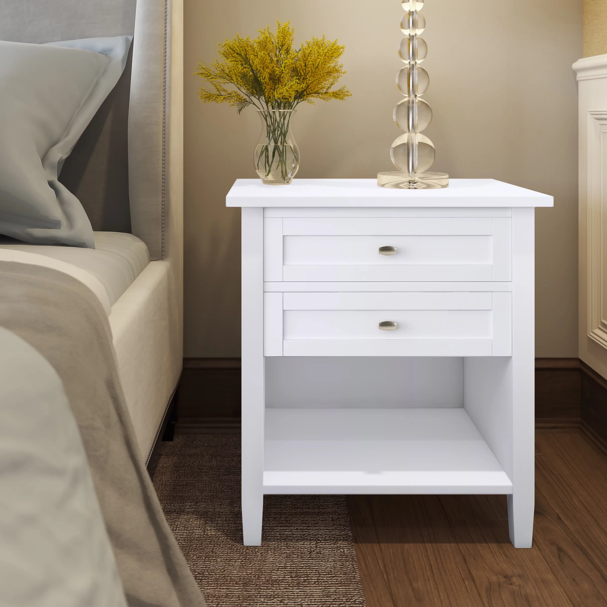 Warm Shaker SOLID WOOD 24 inch Wide Transitional Bedside Nightstand Table in White