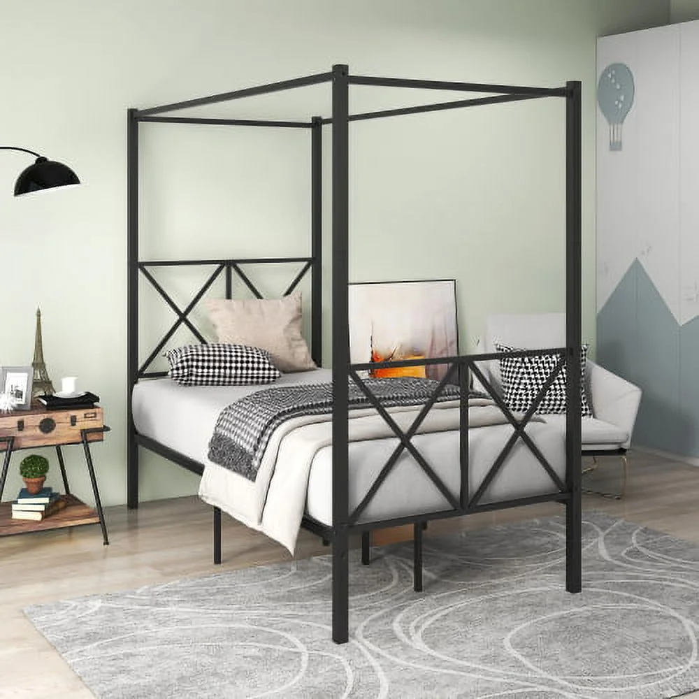 ZJbiubiuHome Metal Canopy Bed Frame  Platform Bed Frame Queen with X Shaped Frame Queen Black