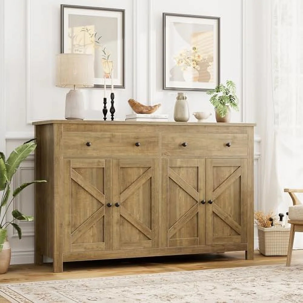 JYHOME Sideboard Buffet Cabinet with   55.1" Large Buffet Cabinet Kitchen Cabinet with 2 Drawers and 4 Doors  Farmhouse Coffee  Cabinet Buffet Table Sideboard Cabinet for Kitchen