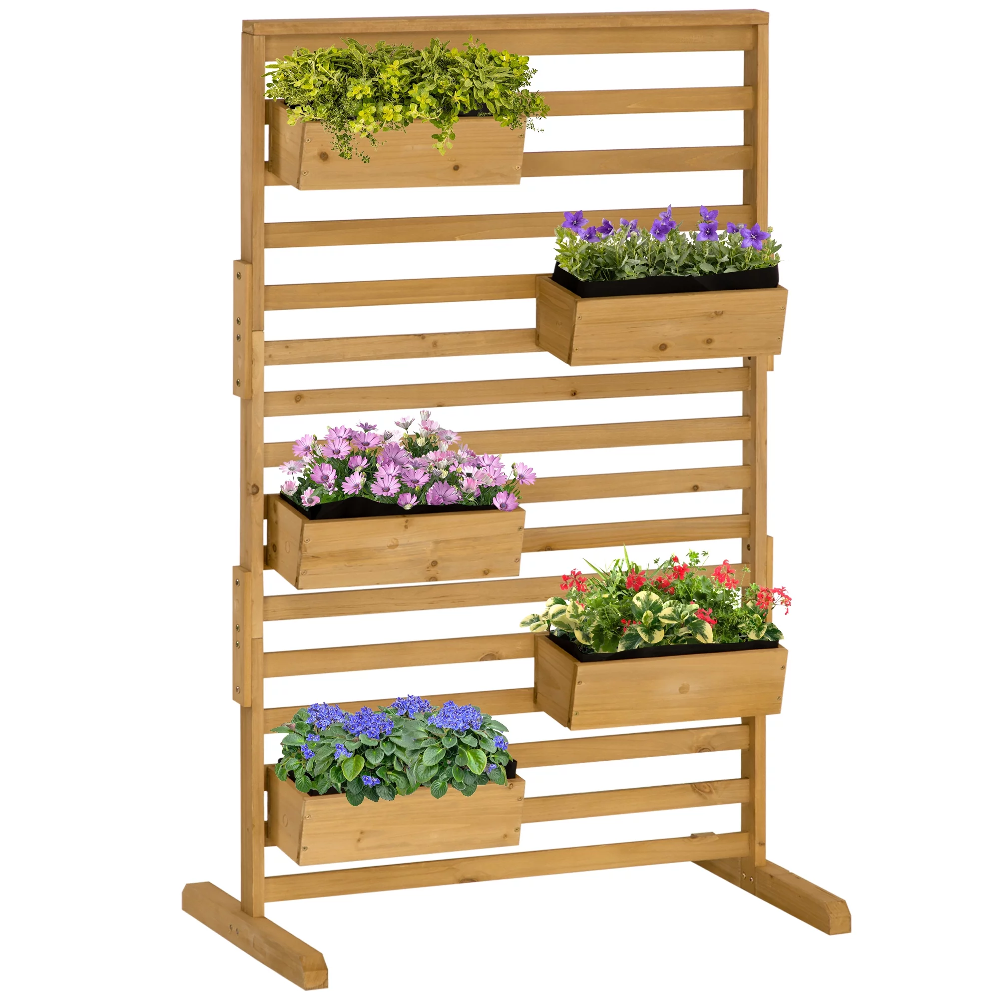 Outsunny Plant Stand with 5 Hanging Planter Boxes Slatted Trellis, Natural