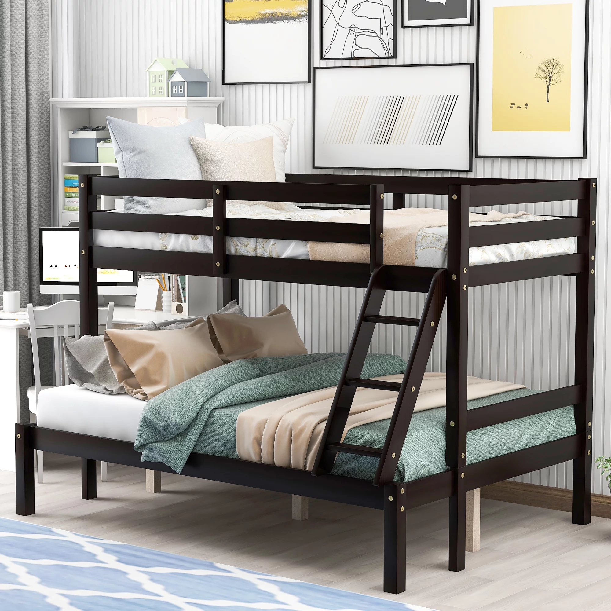 Wood Convertible Bunk Bed Twin Over Full Bunk Bed with Stair