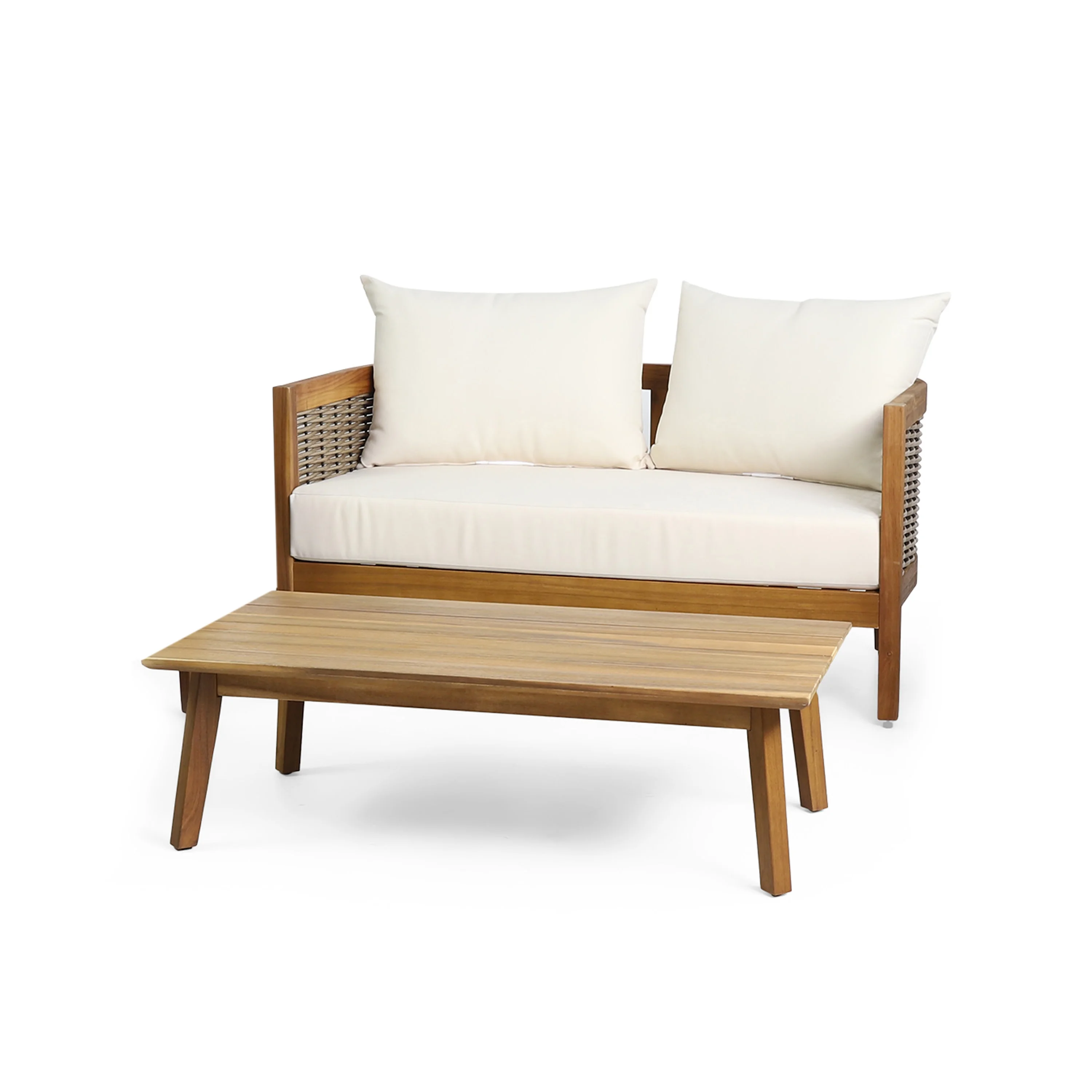 GDF Studio The Crowne Collection Outdoor Acacia Wood and Wicker Loveseat and Coffee Table Set with Cushions, Teak, Mixed Brown, and Beige
