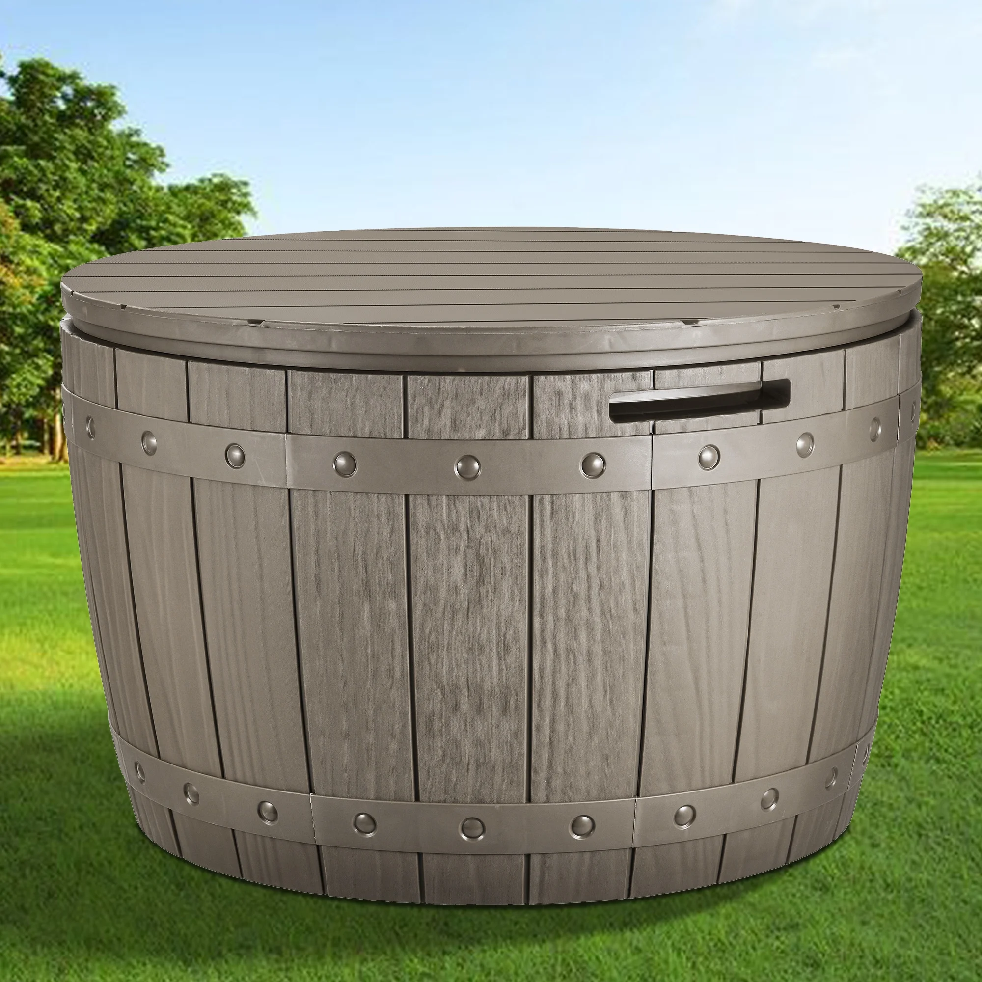 Dextrus 33 Gallon Outdoor Resin Storage Box, Waterproof Round Deck Box for Patio Furniture, Cushions, Pool Accessories, Easy Assembly - Light Brown