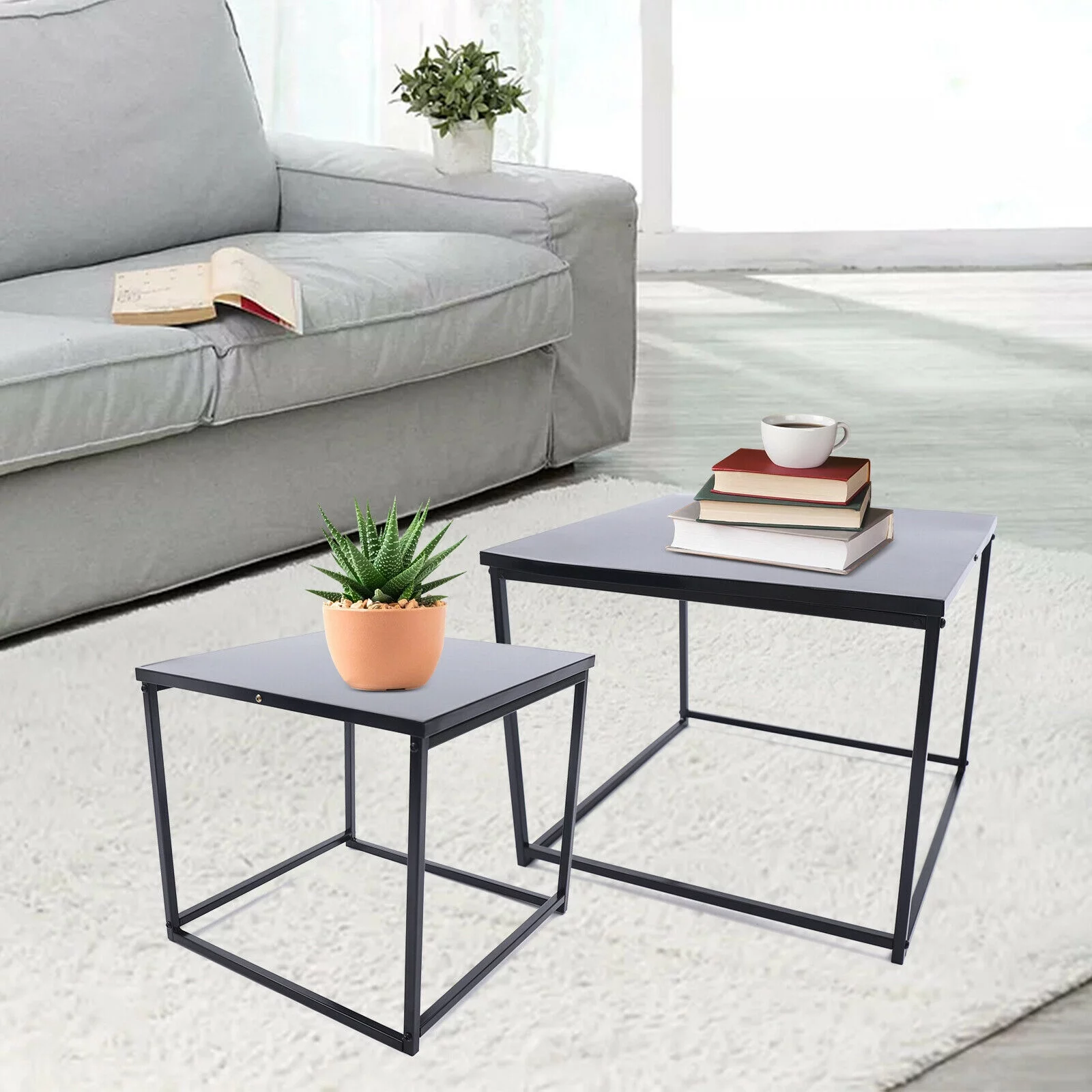 2pcs Modern Square End Table Exterior Painting Coffee Table Home Decor Black