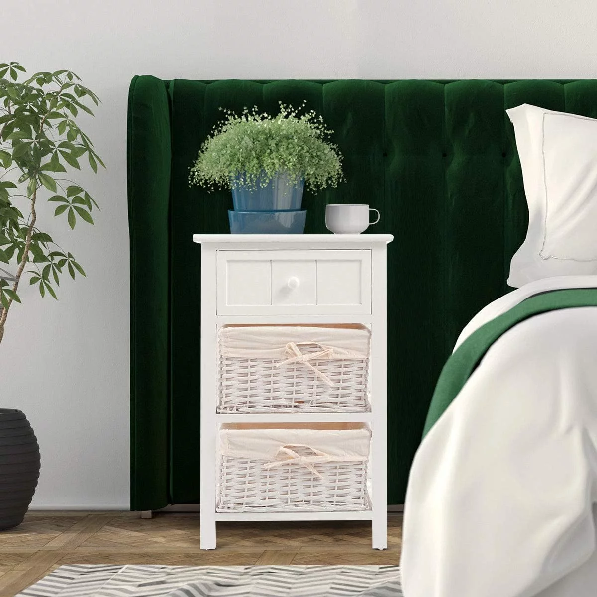 SQRTCV White Wood Night Stand w/ Drawer  2 Baskets and Open  for Bedroom  Bedside Sofa Bedroom End Table Wood Nightstands (2)