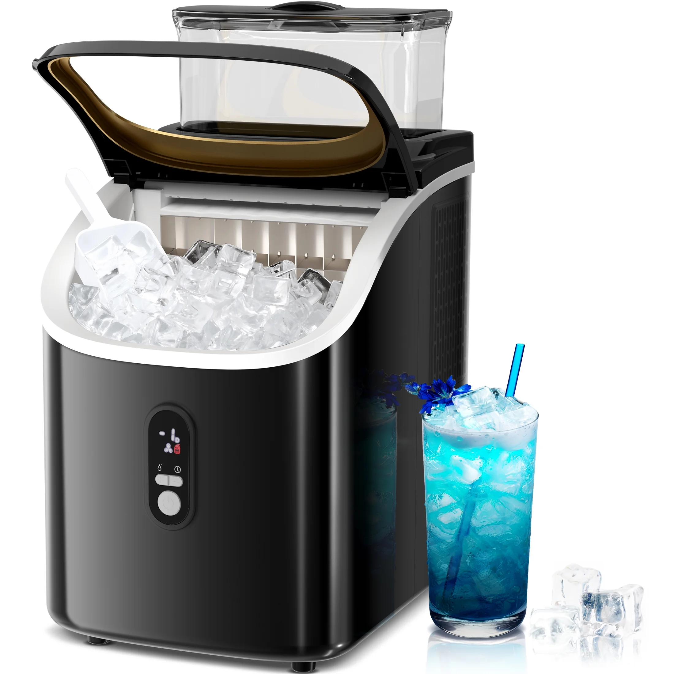 Auseo Nugget Ice Maker Countertop  with 1.5L Detachable Water Tank , Self-Cleaning Function, for Party/Kitchen/Office, Black