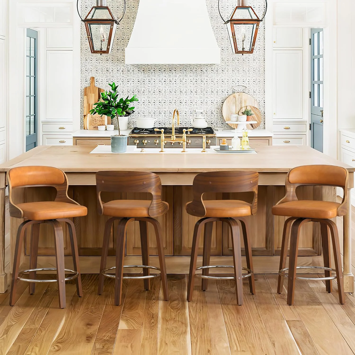 U-ToBe Bar Stools Swivel, Mid Century Modern Bar Stools, 26 Inch Bar Chairs with Hollow Back, Walnut Finish and Faux Leather Seat, Counter Height Barstool Set of 4, Whiskey Brown