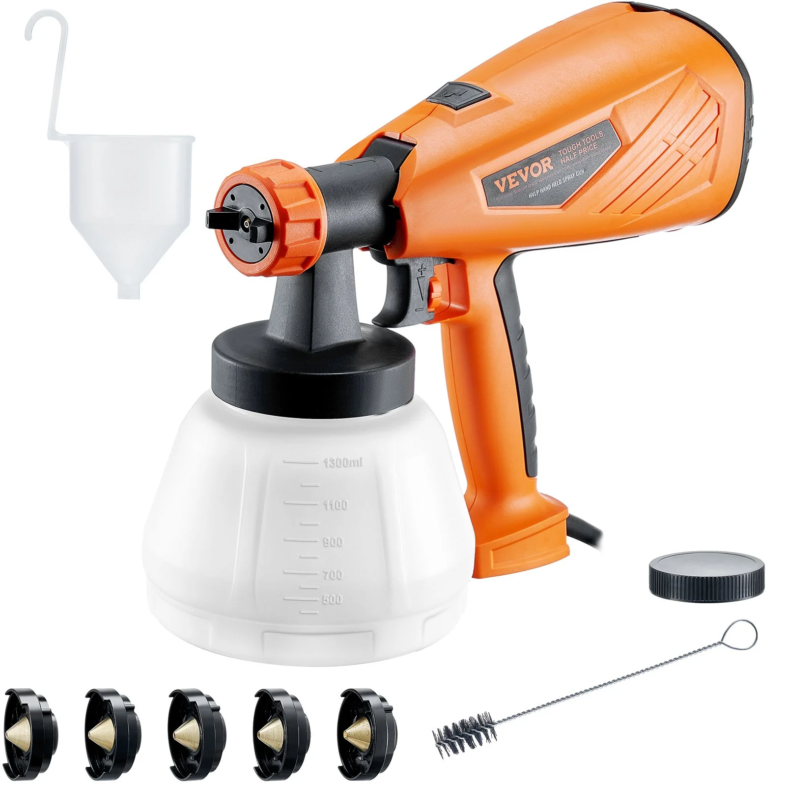 VEVOR 700W HVLP Electric Paint Sprayer - 1300ml Capacity with 5 Copper Nozzles and 3 Spray Patterns for Home Interiors, Exteriors, and Furniture Painting