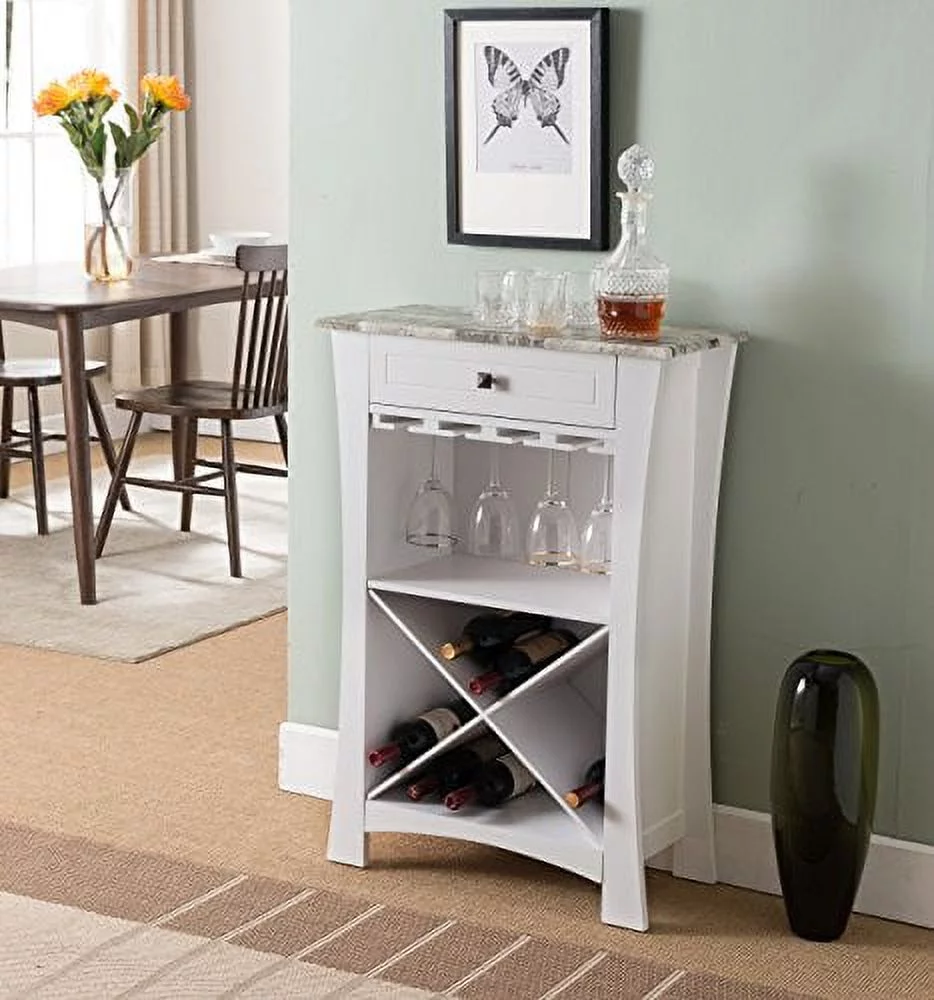 Kings Brand Hiland Bar Cabinet Wine Storage With Glass Holders & Drawer, White, White