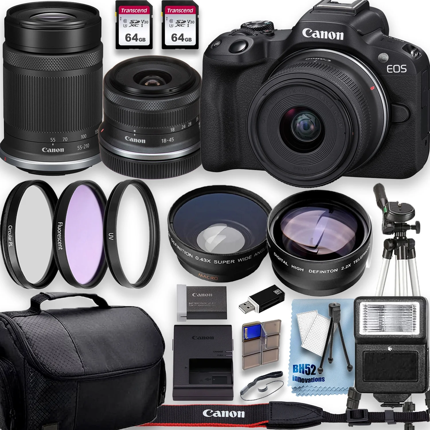Canon EOS R50 4K Video Recording Mirrorless Camera with 18-45mm and Canon RF-S 55-210mm f/5-7.1 IS STM Lenses + 2 X 64GB Fast Transcend Memory + Deluxe Accessory Bundle