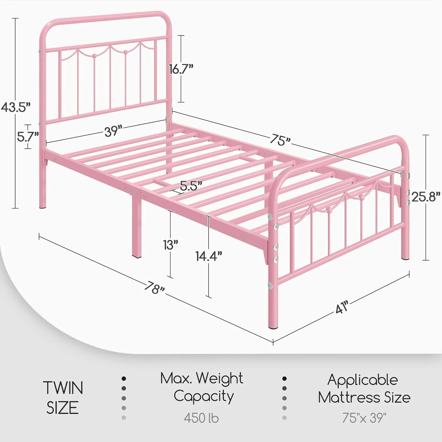 HYHBIBOOM Twin Size Metal Bed Frame with Vintage Headboard and Footboard  Farmhouse Metal Platform Bed  Heavy Duty Steel Slat Support  Ample Under-Bed    Noise   Box Spring Needed  Pink