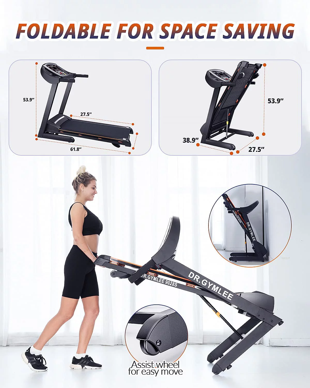 DR.Gymlee 9028S 3.25HP Folding Electric Treadmill with 15 Level Auto Incline & Shock Absorption Spring, Motorized Running Machine, Fitness for Home